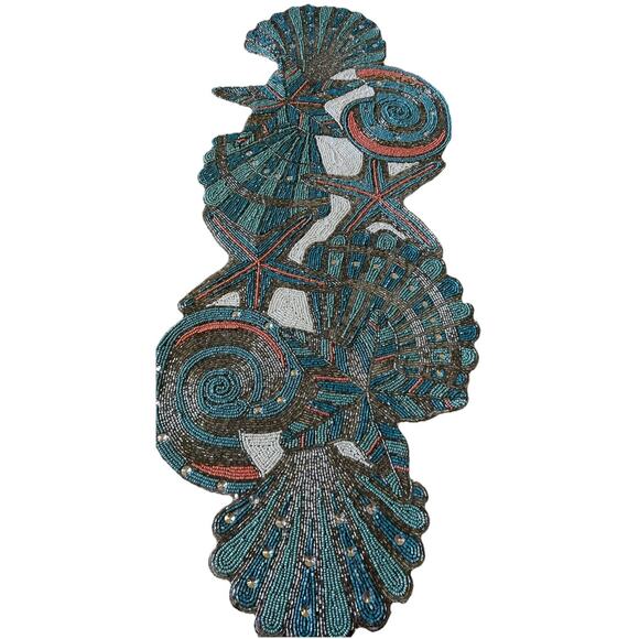 Coastal Collection Beaded Table Runner Shells Starfish Coral Pearl Teal 13 X 36 - Picture 1 of 16